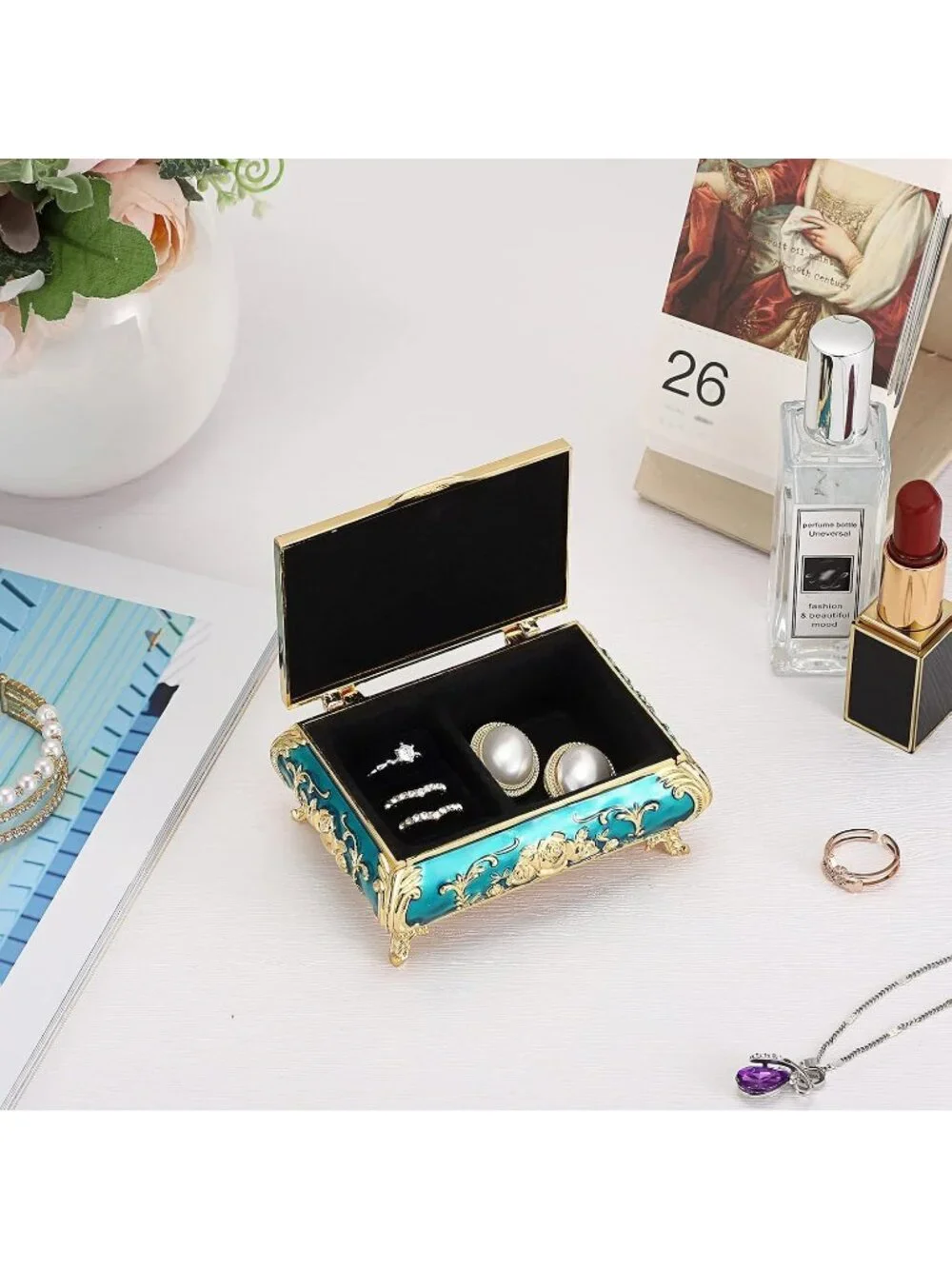 Vintage Small Metal Blue Trinket Case Engraved Jewelry Storage Box For Necklace